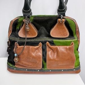 True Religion Leather & Pony Hair Bag Very Large Tote Bag Tan Green‎ & Black.